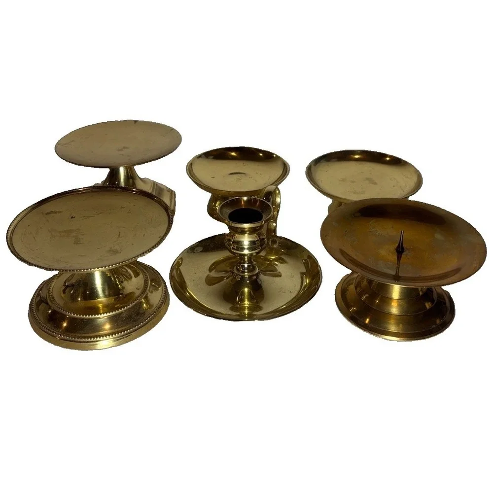 6 Vintage Brass Candle Holders - Mixed Size Lot Chamberstick Wedding Decor